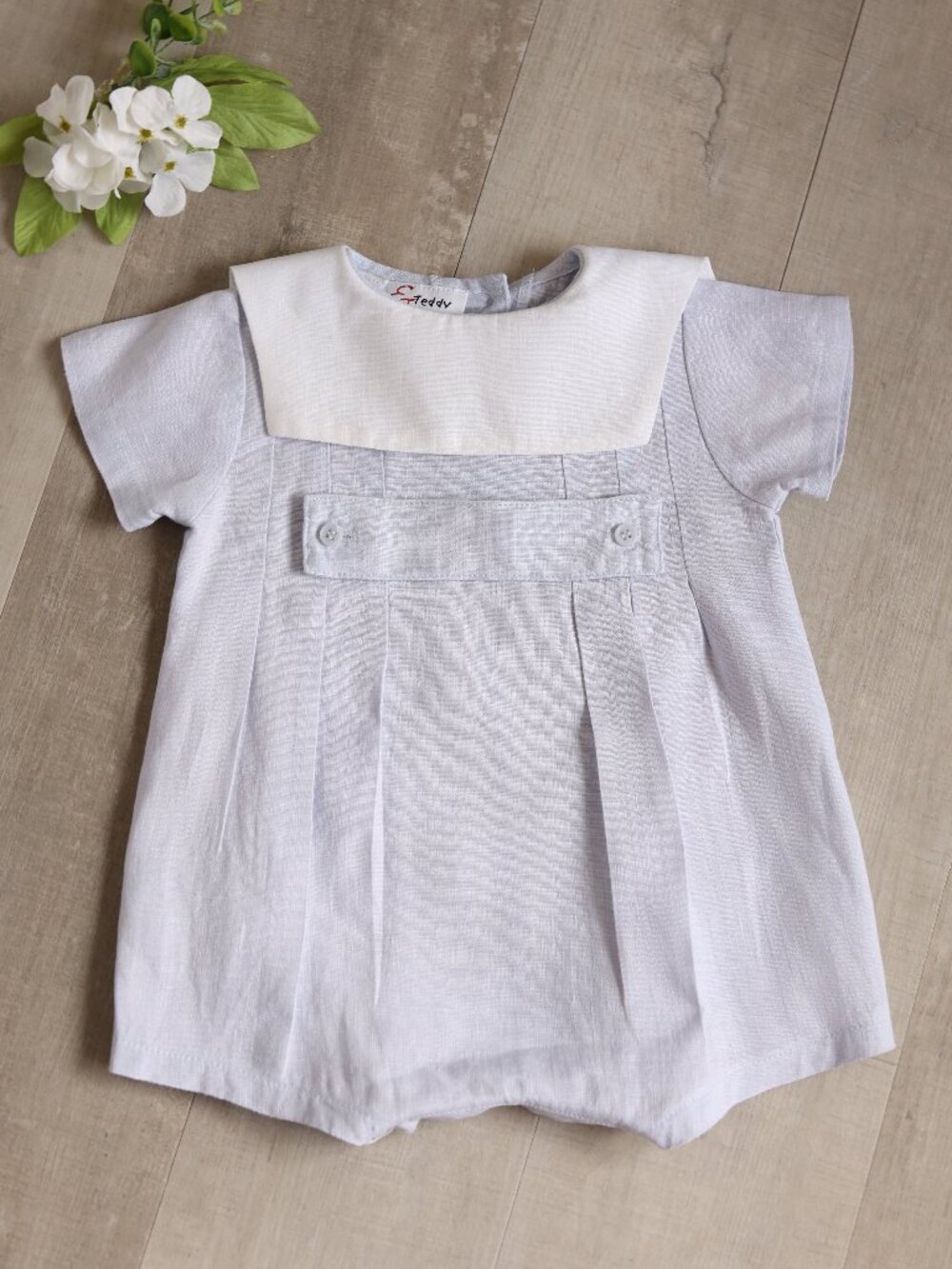 Boy's Blue Linen Romper White Square Collar 6 Months Boutique Portrait Vacation